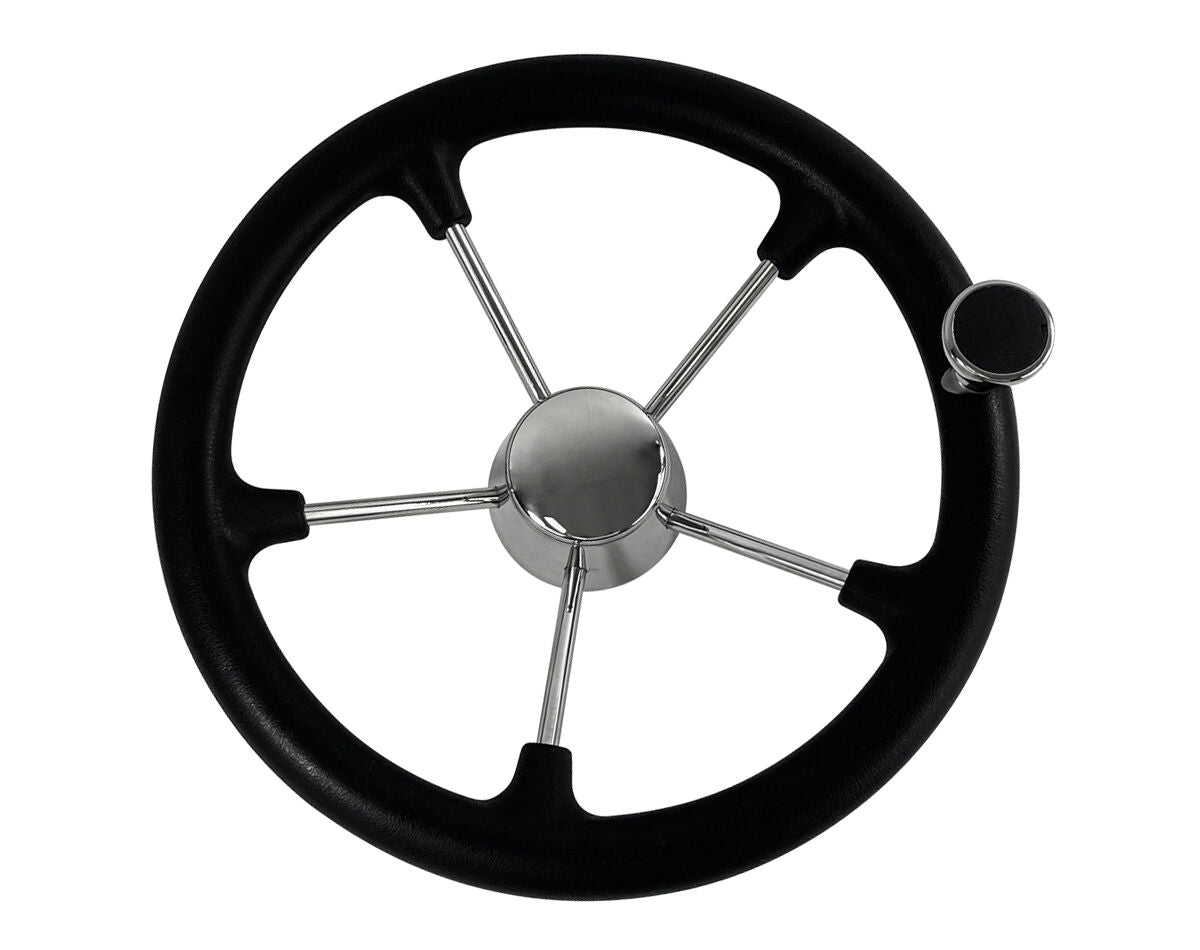 Steering Wheel Black Stainless Steel with Knob & Steel Cap - 343mm