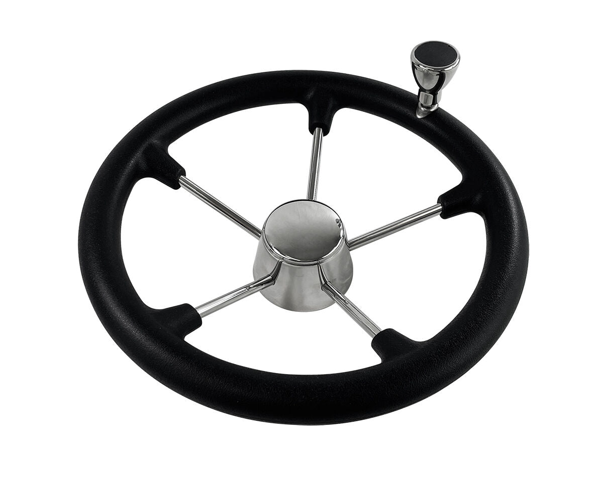 Steering Wheel Black Stainless Steel with Knob & Steel Cap - 343mm